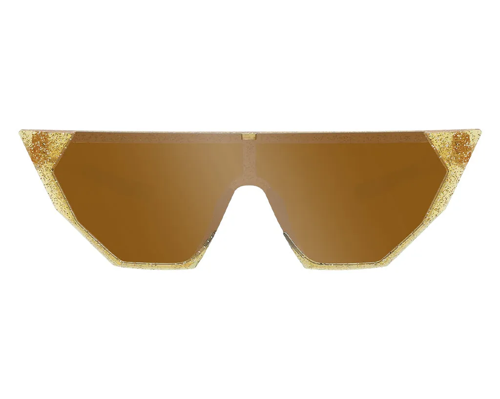 Goldene, trapezförmige Pyrite Sonnenbrille mit braunen Gläsern, Frontansicht.