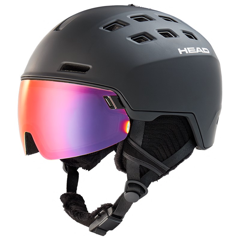 Casque de ski noir Radar 5K Casque de ski Head Radar 5K Pola noir avec visière polarisée dans les tons rouge et violet. Ouvertures d'aération et jugulaire visibles.