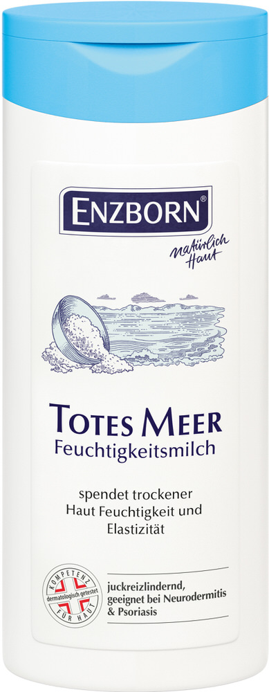 Weiße Flasche ENZBORN Totes Meer Feuchtigkeitsmilch mit blauem Deckel und Textinformationen.