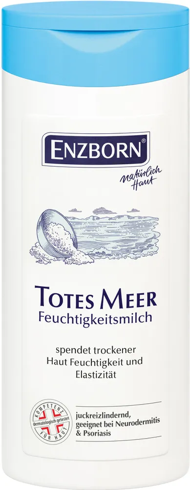 Weiße Flasche ENZBORN Totes Meer Feuchtigkeitsmilch mit blauem Deckel und Textinformationen.