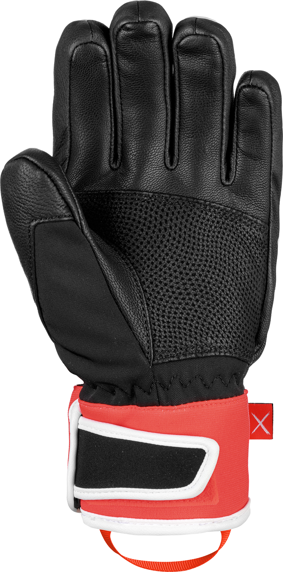 Schwarzer Reusch Worldcup Warrior GS Junior Rennhandschuh von der Handflächenseite. Rot-weißes Band am Handgelenk mit Verschluss.