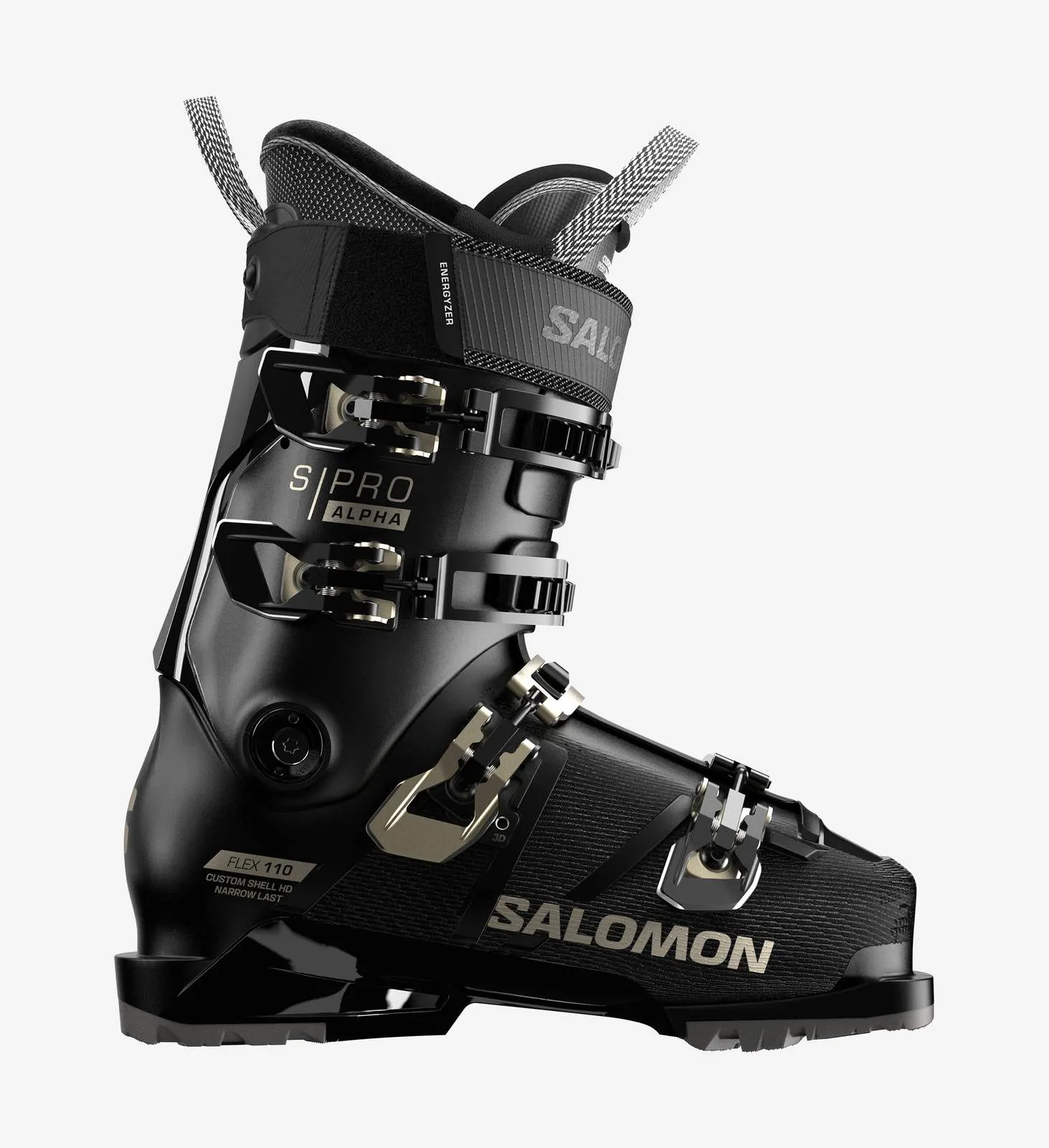 Scarpone da sci Salomon S/PRO ALPHA 110 W nero, vista laterale, fibbie e marcature visibili.