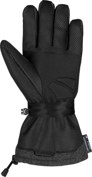 Eine schwarze, isolierte Skihandschuh mit Handfläche nach oben, zeigt Details wie Textur und Riemen.