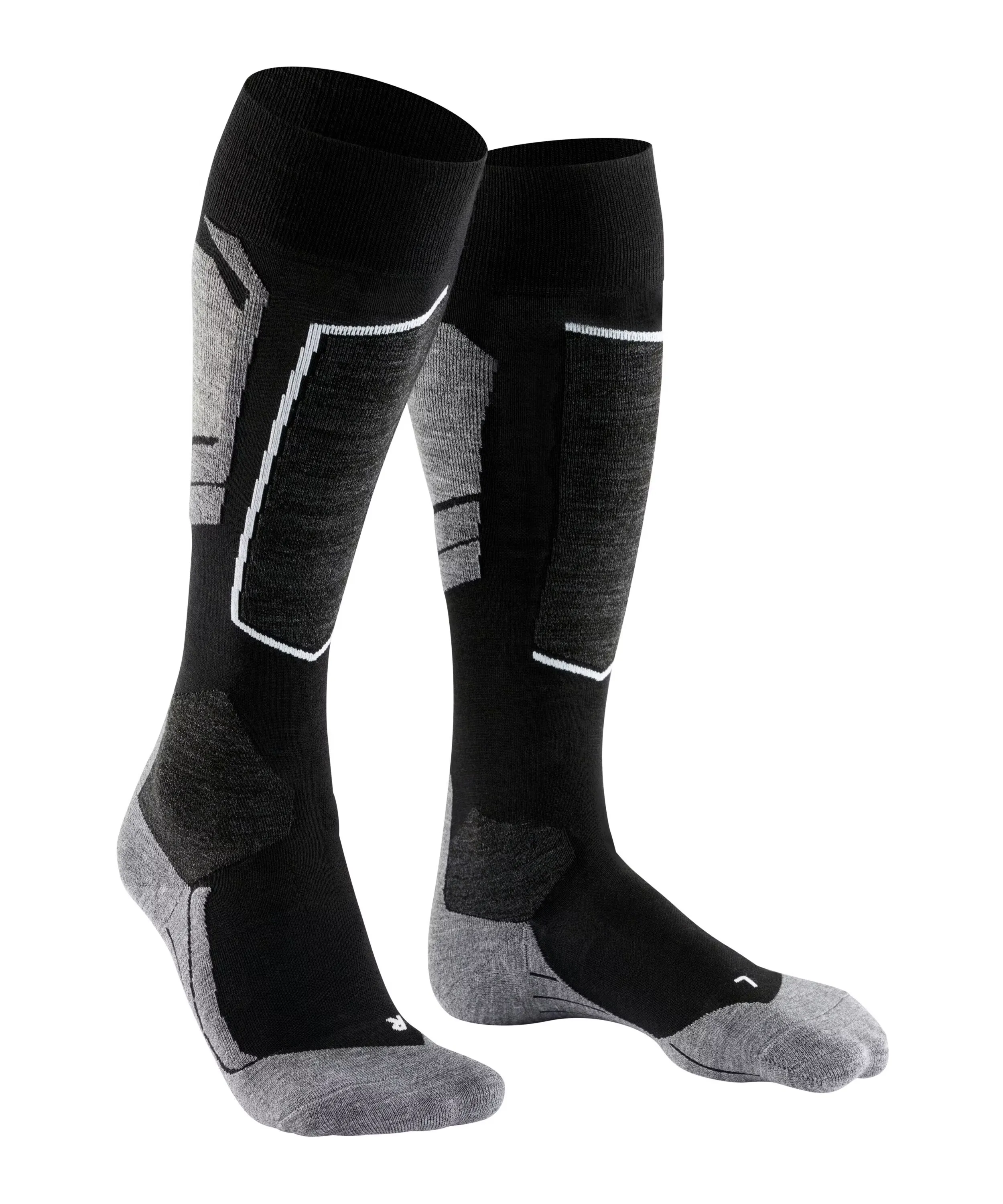 Schwarze Kniestrümpfe mit grauen Akzenten und weißen Details für Sport wie Skifahren. Mit verstärkter Fersen- und Zehenpartie sowie anatomischer Polsterung an Schienbein und Waden für Komfort und Schutz. R/L an der Sohle.