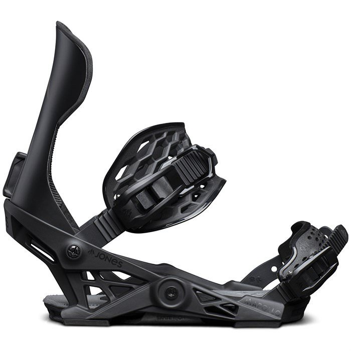 Black Jones Apollo snowboard binding with high back and straps.