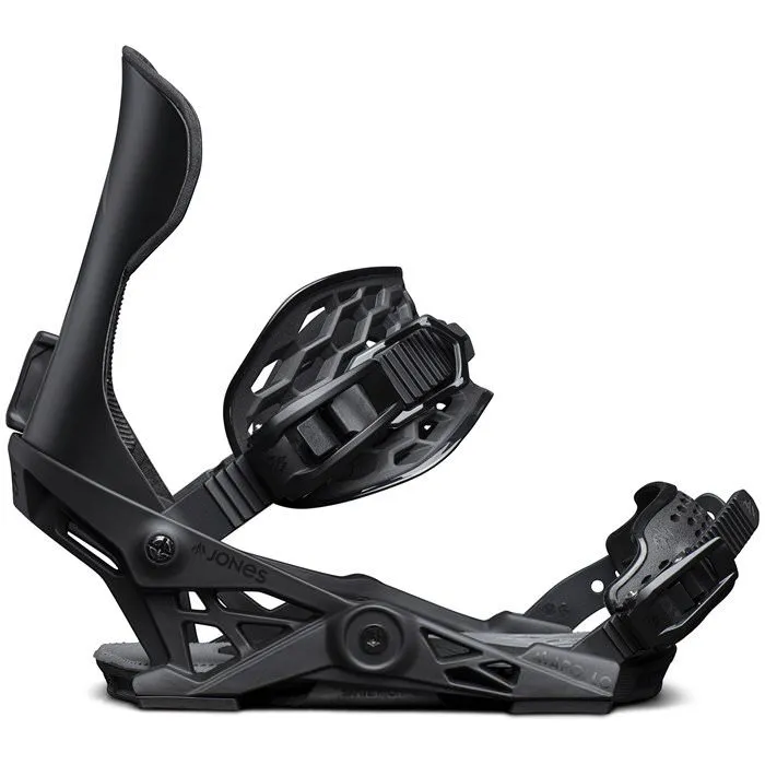 Black Jones Apollo snowboard binding with high back and straps.