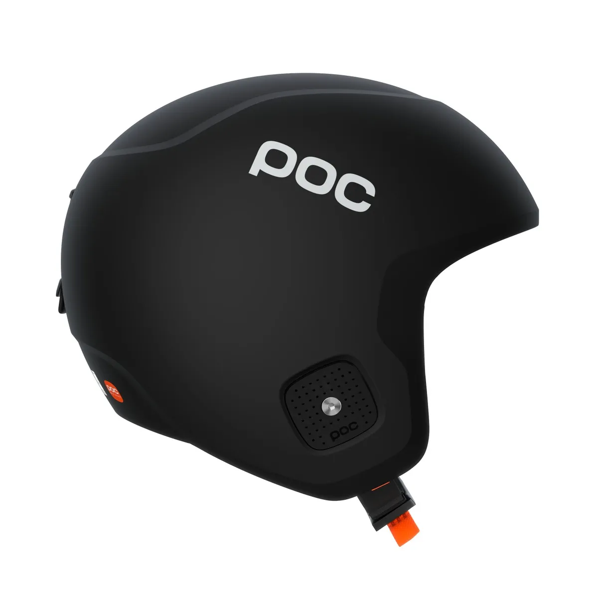 Casque de ski Poc Skull Dura X Spin noir, vue latérale, avec logo "Poc" blanc et jugulaire orange sur fond blanc.