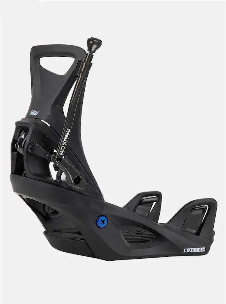 A single black snowboard binding shown in a light side view against a neutral background. Features a high back, padded straps, and adjustable buckles. The blue mounting mechanism is visible, and the "BURTON" logo is on the front of the baseplate.