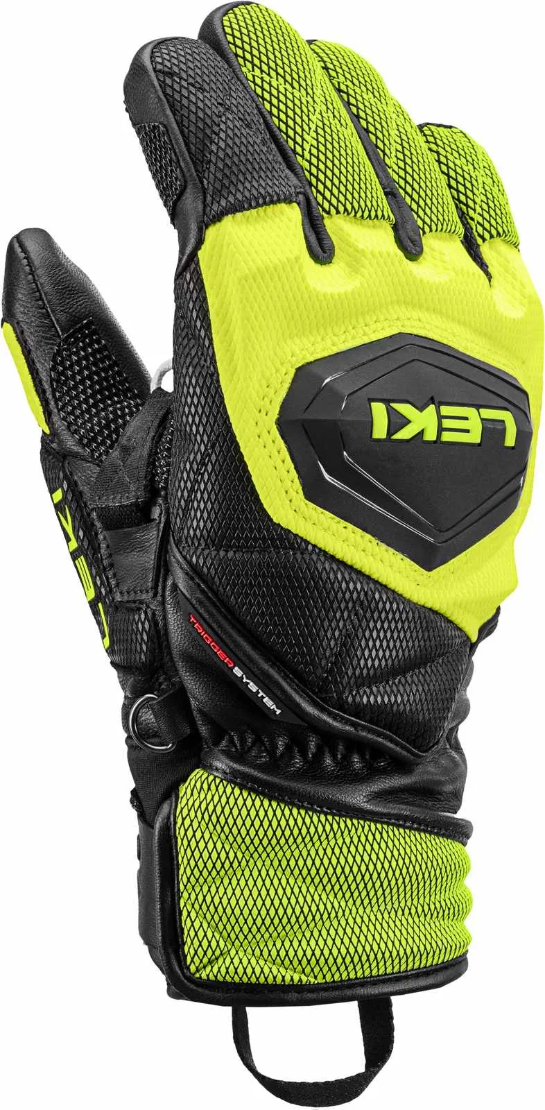 Detailed view of the Leki WCR Venom 3D Junior racing glove in black and yellow, focus on palm and Leki logo.