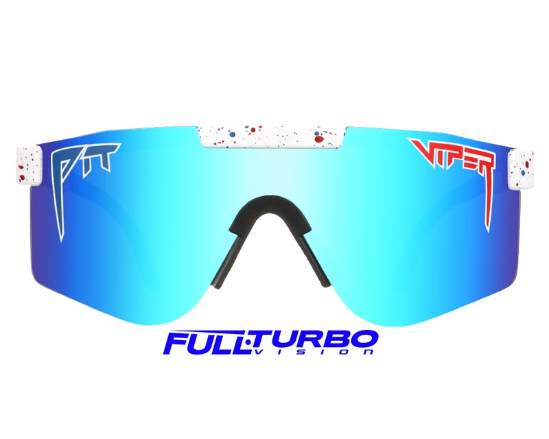 Blaue, polarisierte Double Wide Pit Viper Sonnenbrille mit weißem Rahmen und bunten Farbspritzern.
