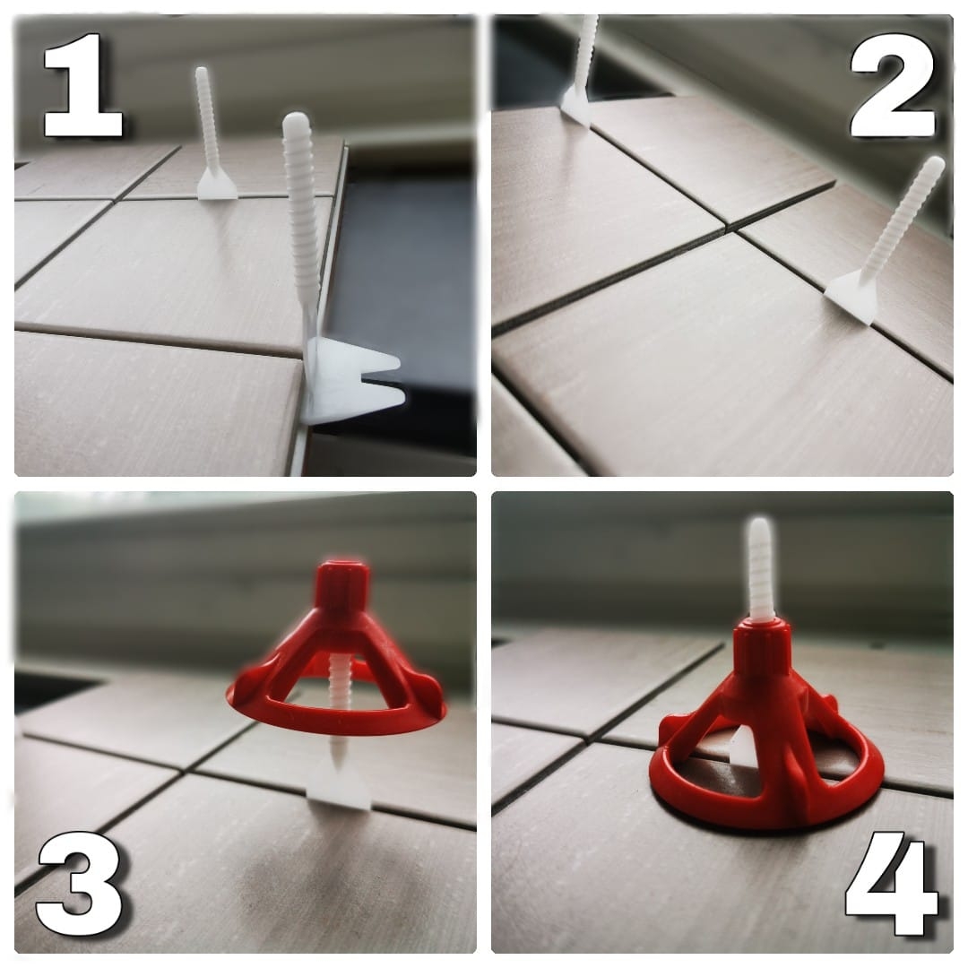 MB Leveling Instructions du système Instructions de montage : quatre étapes du système MB Leveling avec pattes filetées et capot de traction sur carrelage.