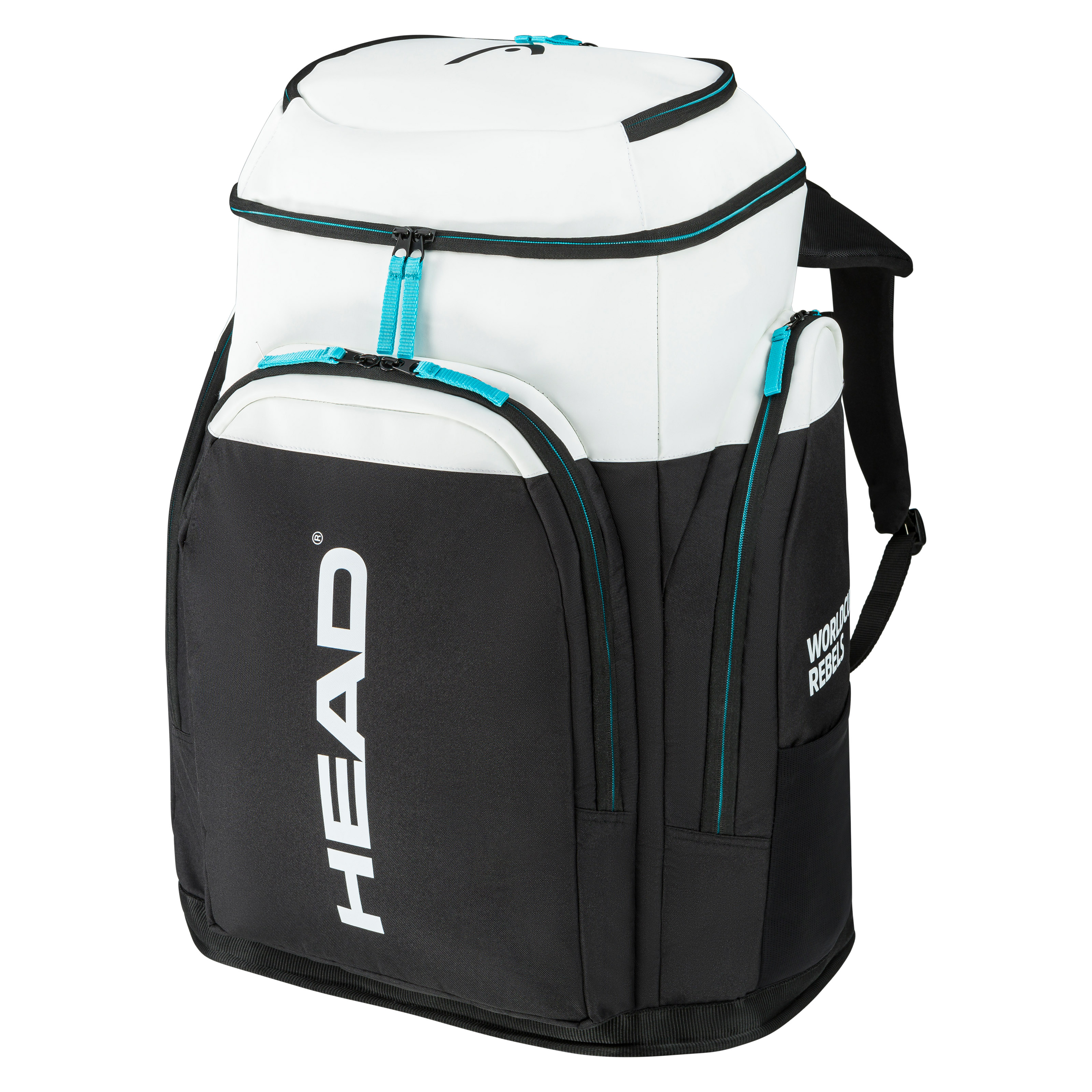 Schwarzer/weißer Head Rebels Racing Backpack L mit blaugrünen Akzenten und Logo.