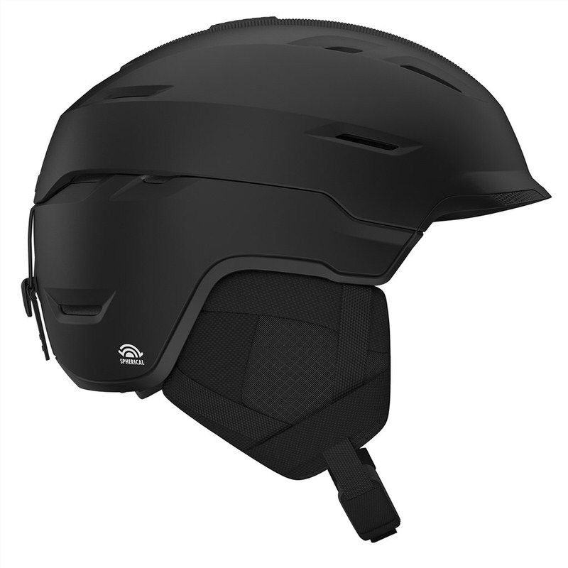 Mattschwarzer Skihelm Giro Tor Spherical Mips mit Ohrenpolstern und Verschlussband.