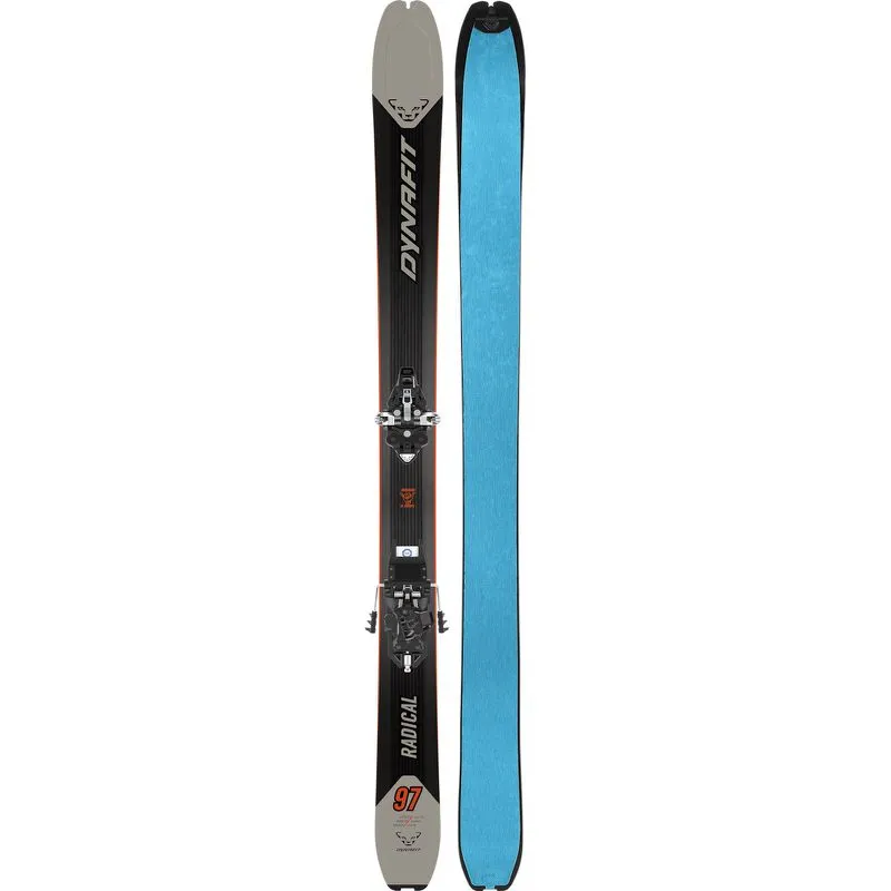 Dynafit Radical 97 ski set, skis with mounted bindings and skins in blue.