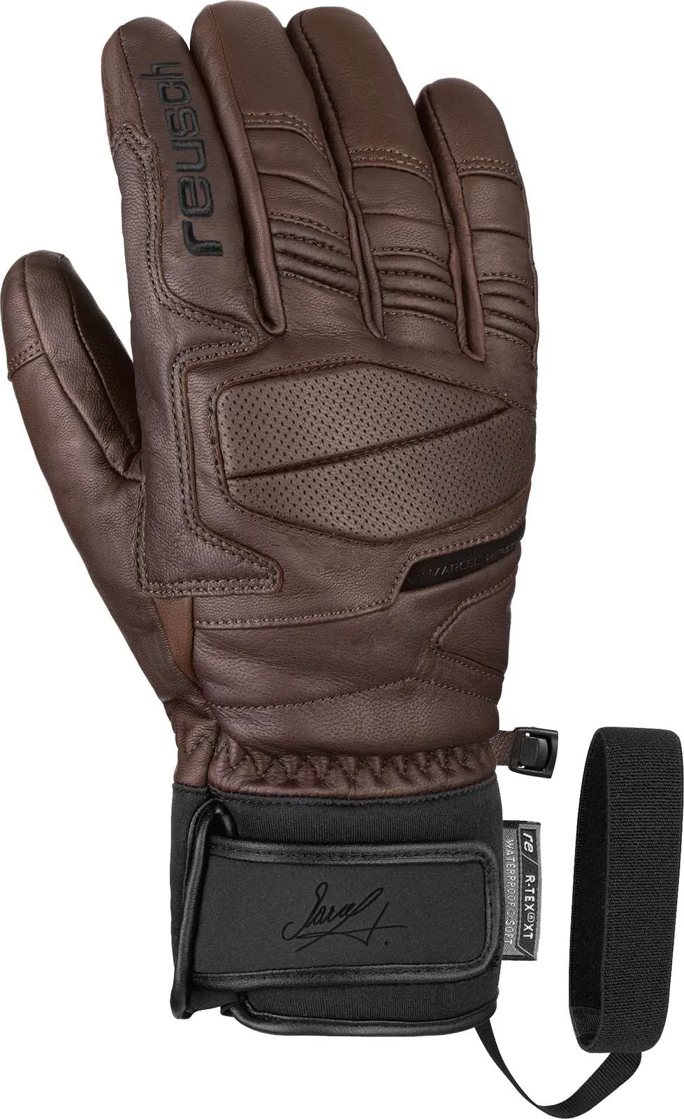 Guanto da sci in pelle marrone firmato Reusch Marcel Hirscher, palmo in alto, con cinturino elastico nero.