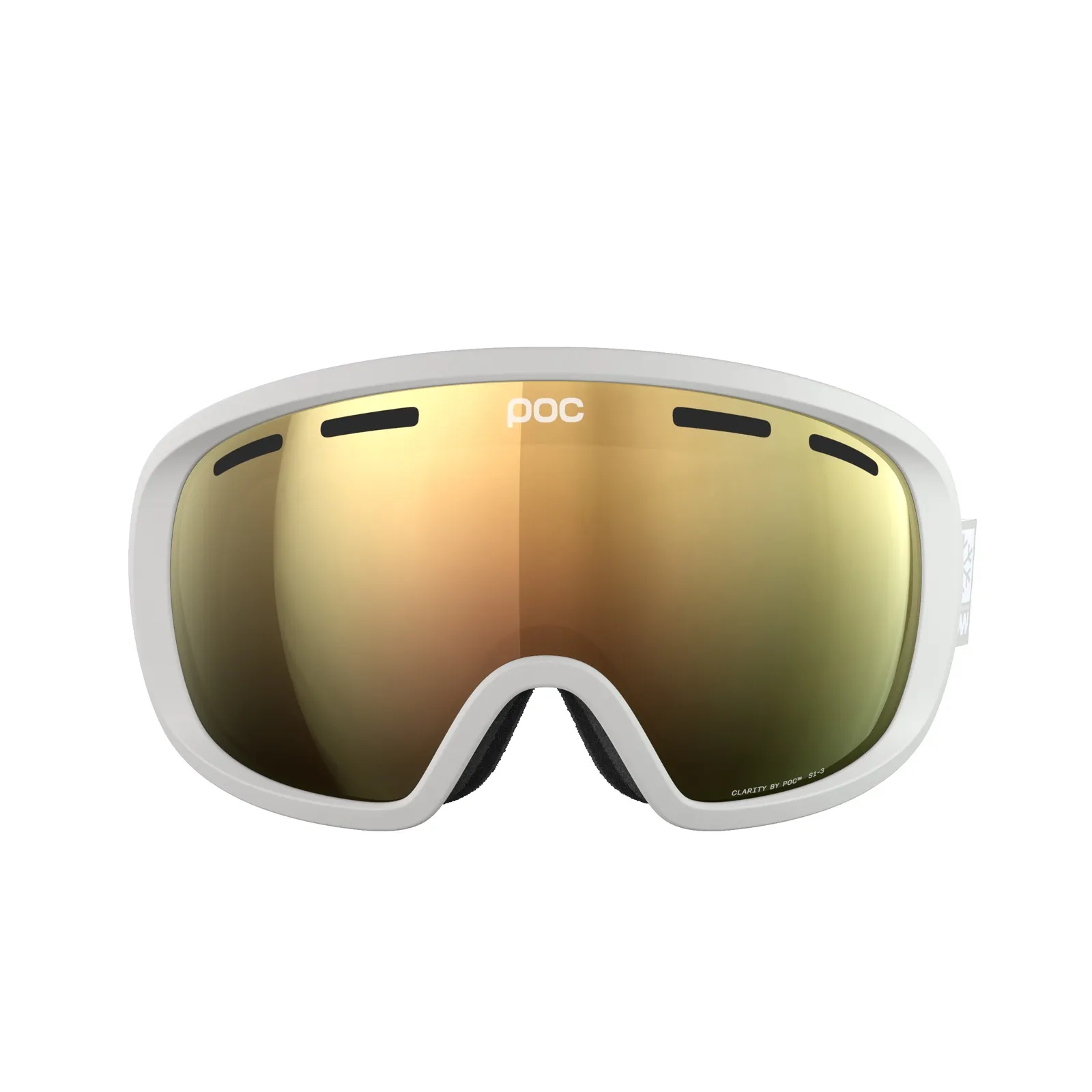 Front view of the POC Fovea POW JJ ski goggles in Mineral Grey with Sunny Gold Orange lens.