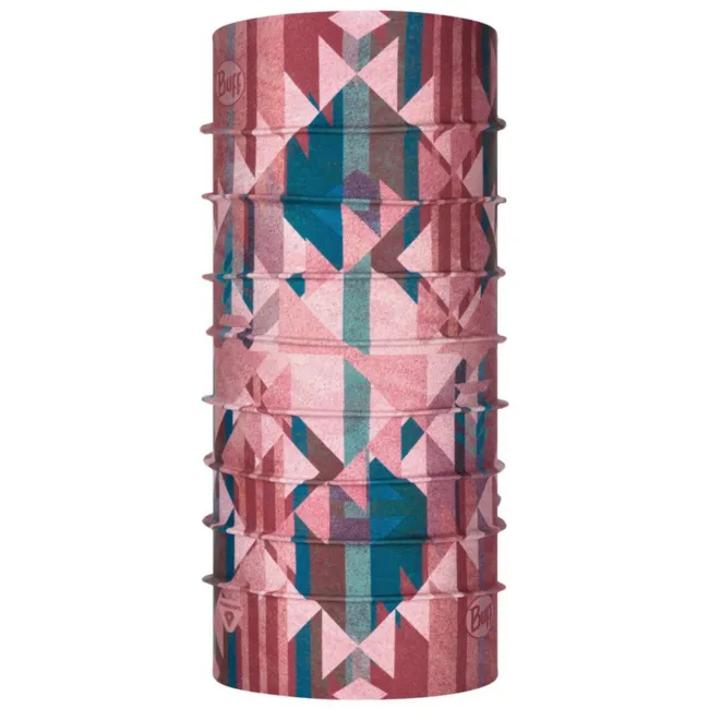 Tubular scarf "Buff Thermonet Dabs Rose" with geometric patterns in shades of pink, brown and blue.