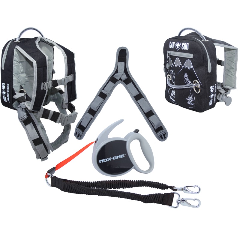 Kit d'aide à l'apprentissage du snowboard pour enfants, noir/gris : harnais pour enfants avec fonction sac à dos, sangles réglables et poignée ; longe réglable en longueur avec mousqueton ; rouleau à main séparé à enrouler pour plus de contrôle.