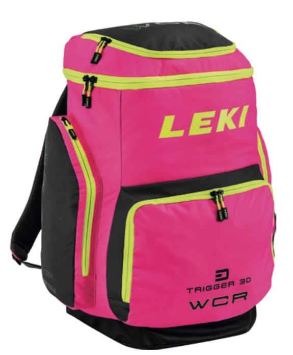 Pink-schwarzer Leki Bootbag WCR 85L Rucksack, Fronttasche, gelbe Akzente, Logo und Reißverschlüsse.