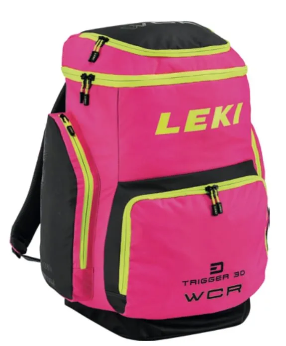 Pink-schwarzer Leki Bootbag WCR 85L Rucksack, Fronttasche, gelbe Akzente, Logo und Reißverschlüsse.