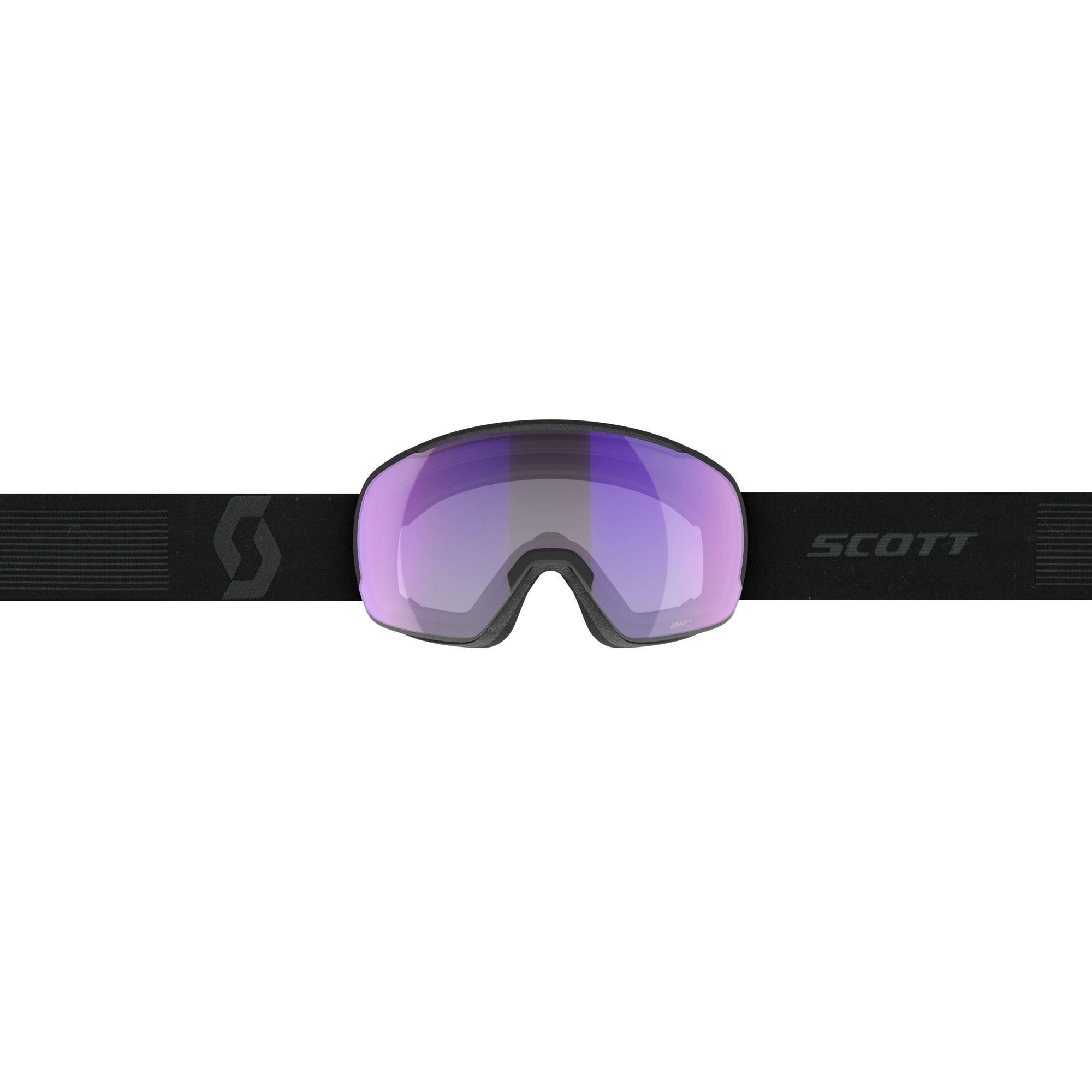 Vue de face des lunettes de ski noires Scott Sphere OTG LS avec écran photochromique sphérique violet-argent.
