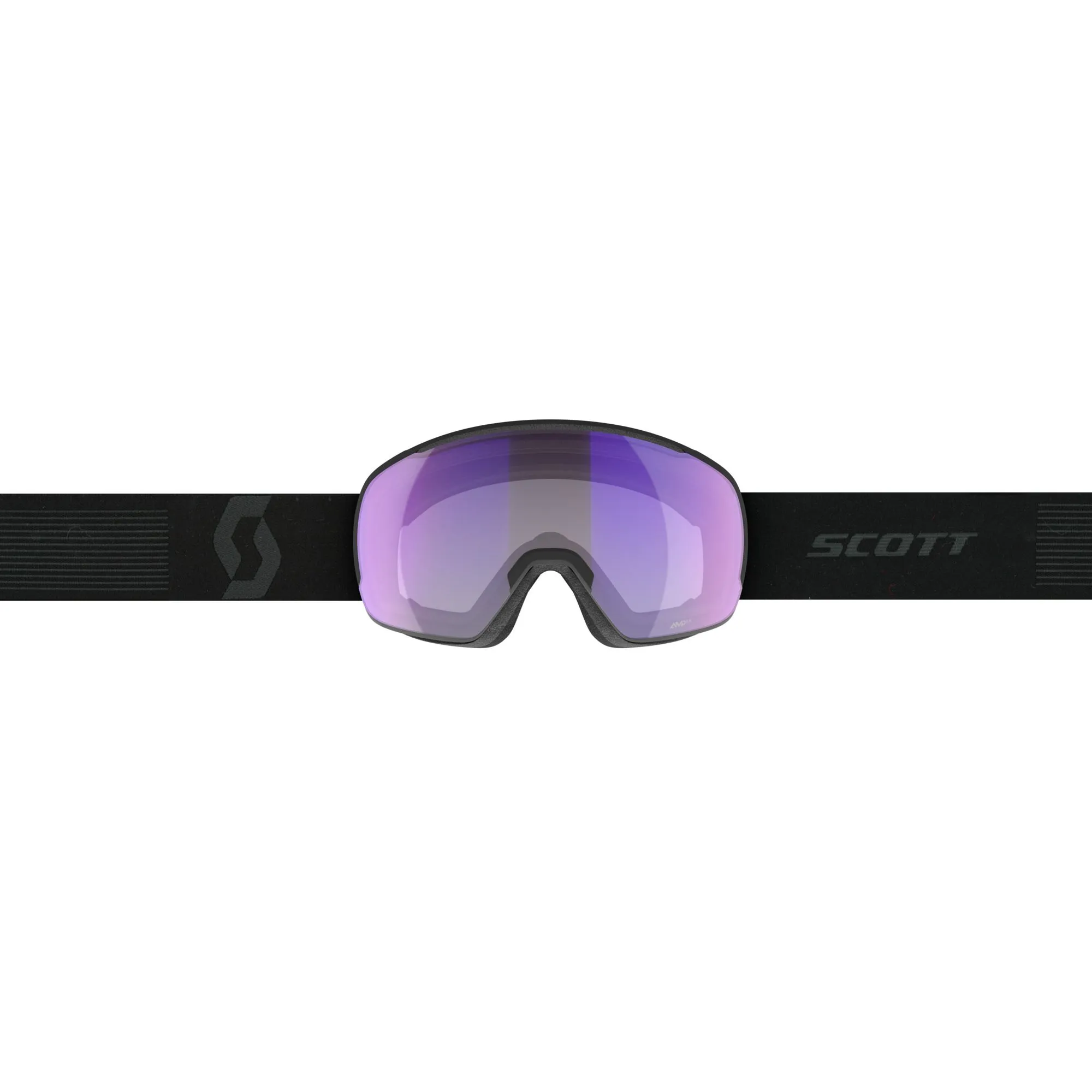 Vue de face des lunettes de ski noires Scott Sphere OTG LS avec écran photochromique sphérique violet-argent.