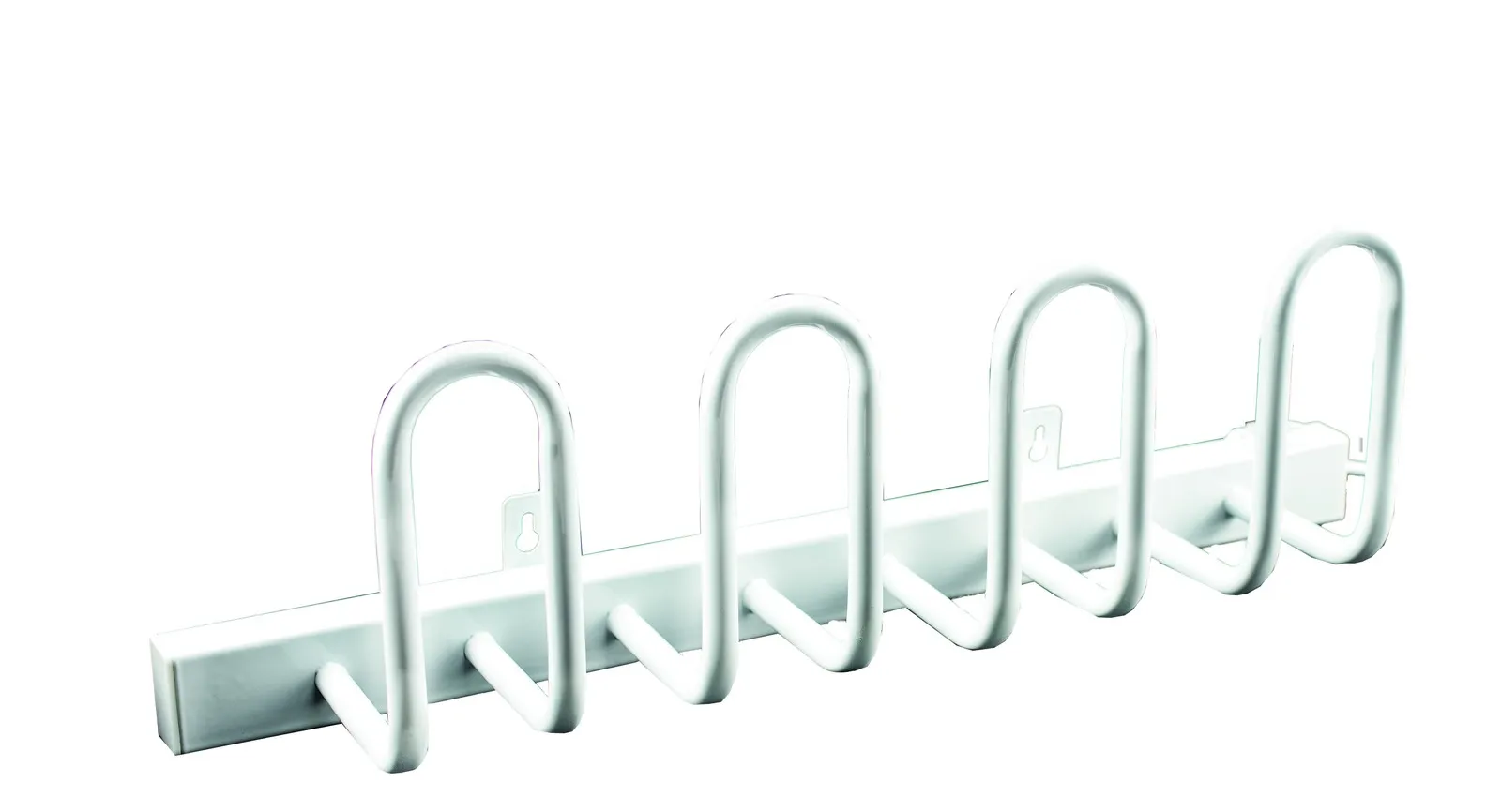 White wall-mounted coat rack with five U-shaped hooks on a horizontal rail, viewing angle slightly from below.