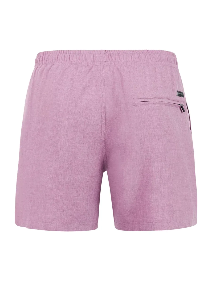 Back view of a purple "Protest Daviey Beachshort" with elastic waistband and zippered pocket.