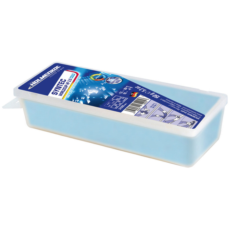 Hellblaues Syntec Worldcup HF 2.0 Cold Rennwachs in einer durchsichtigen Kunststoffverpackung mit Produktetikett.