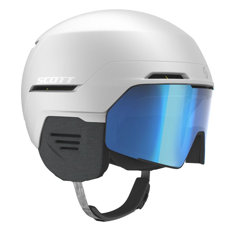 Casque de ski blanc Scott "Blend Plus LS" avec visière bleue réfléchissante et protection des oreilles grise.