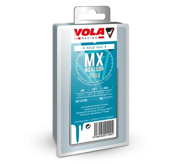 Verpackung Vola Racing MX Bleu 200g Rennwachs. Blautöne, Textinformationen, Barcode.