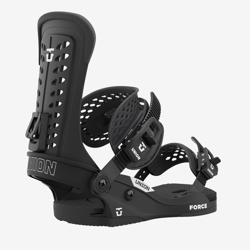 Schwarze Union Force Snowboardbindung, seitliche Ansicht, Details mit Union-Logo und Force Schriftzug.