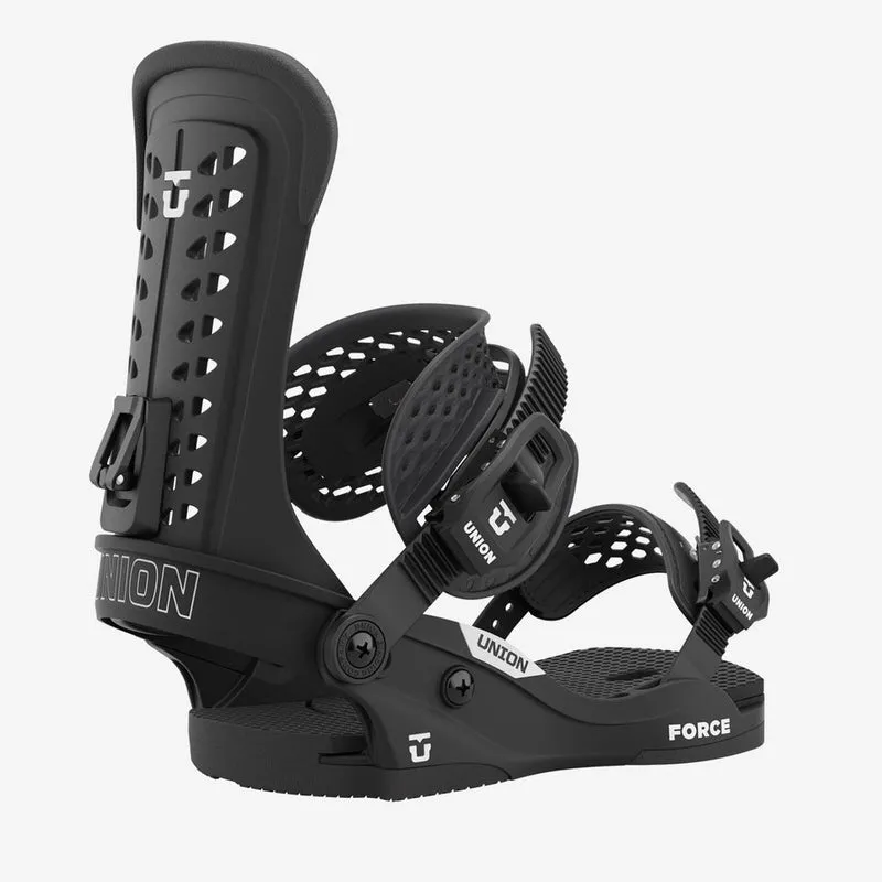 Black Union Force snowboard binding, side view, details with Union logo and Force lettering.