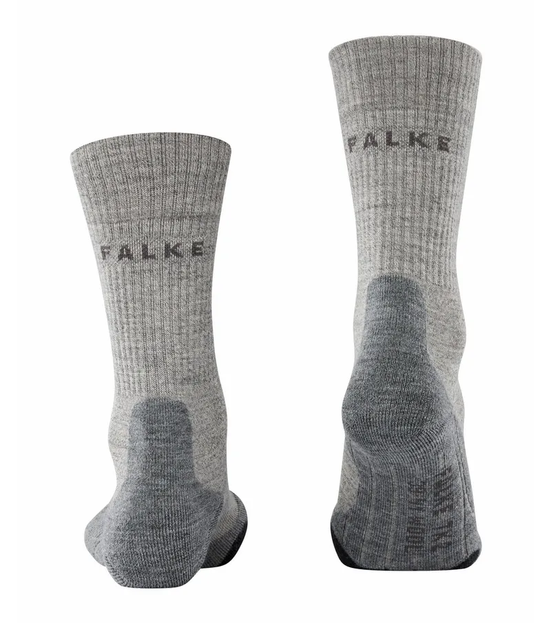 Gray, mid-length trekking socks with "FALKE" lettering, front and back view of the TK2 Wool men's socks.