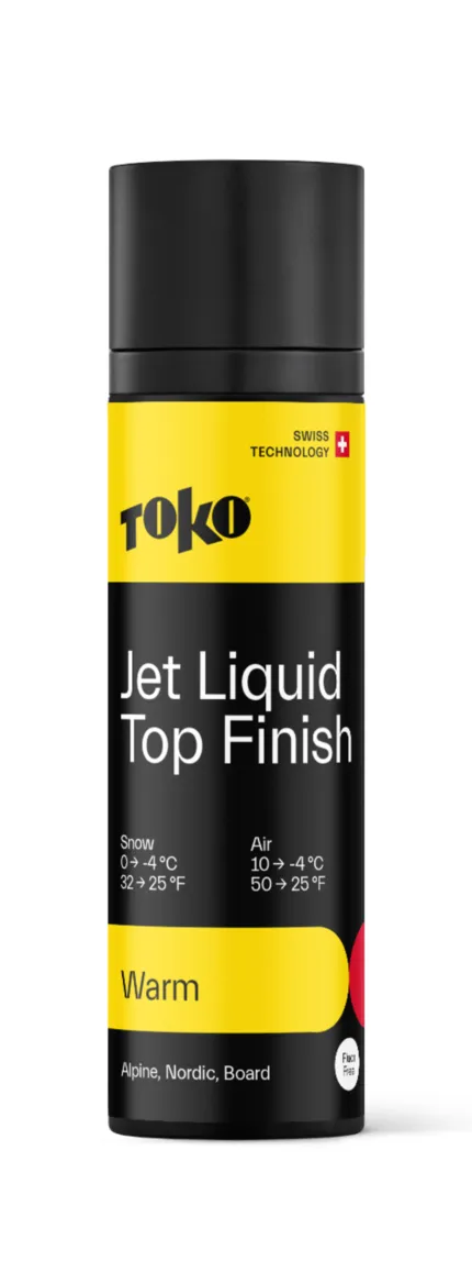 Barattolo giallo-nero di Toko Jet Liquid Top Finish Warm per sci con informazioni sulla temperatura.