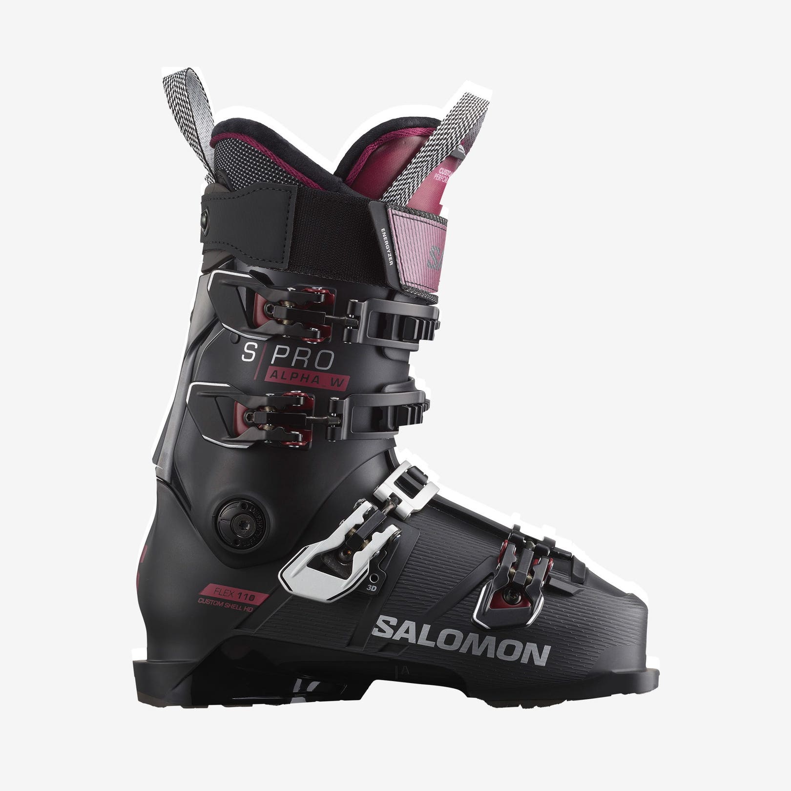 Schwarzer Salomon S/PRO ALPHA 110 W Skischuh, Seitenansicht mit Schnallen und Manschette.