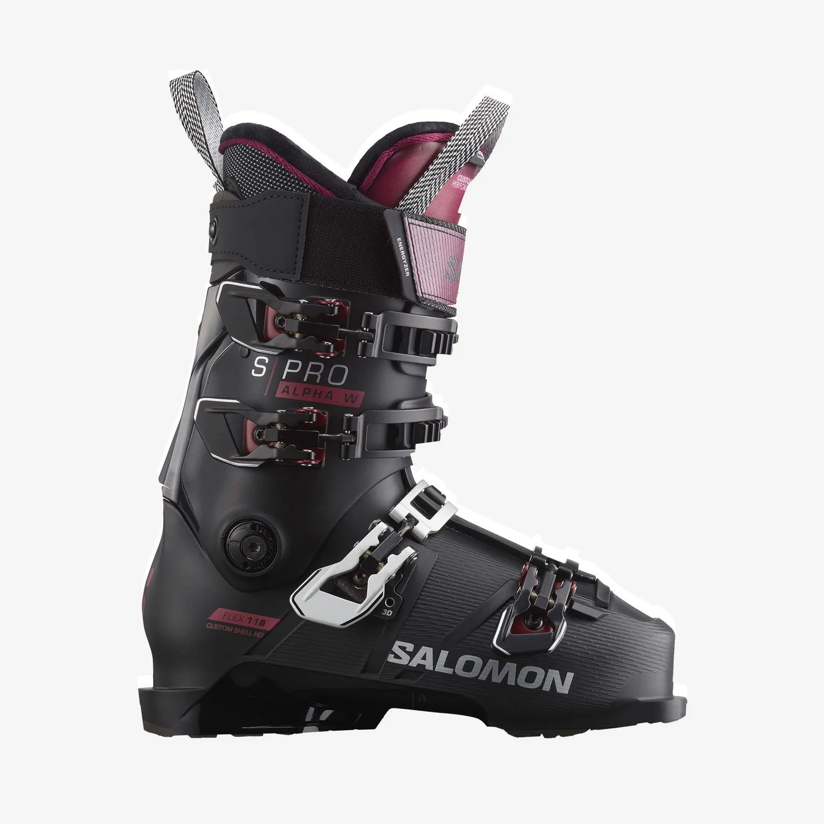 Schwarzer Salomon S/PRO ALPHA 110 W Skischuh, Seitenansicht mit Schnallen und Manschette.