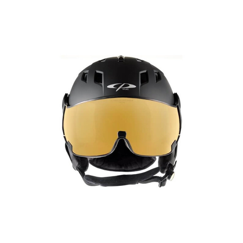 Casque de ski noir CORAO+ Casque de ski CP noir CORAO+ avec visière dorée, vue de face.