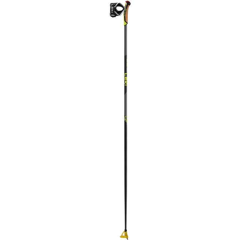 Black Leki cross-country pole Black Leki PRC 850 cross-country pole with yellow accents, grip with strap and yellow tip.