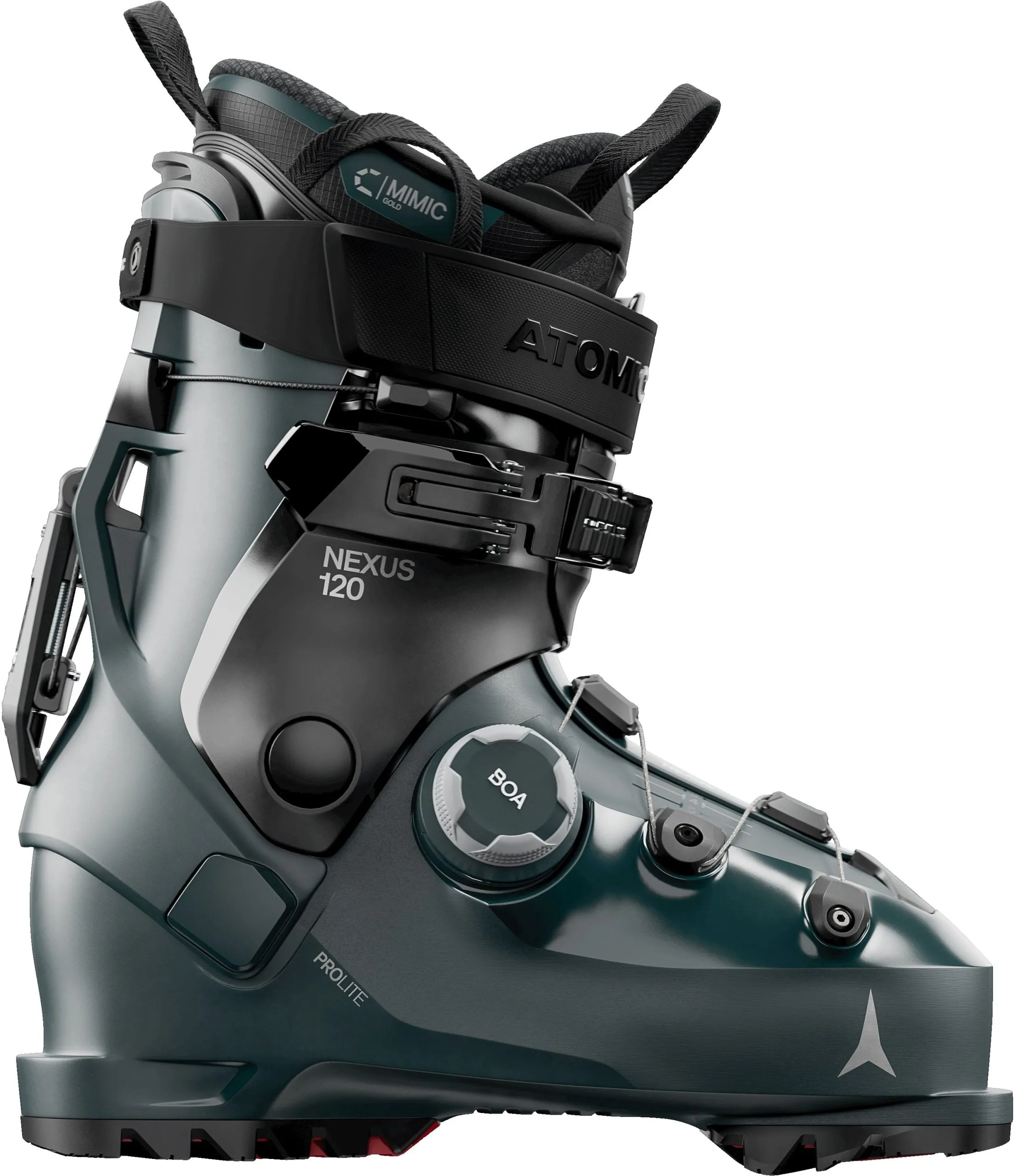 Close-up of a ski boot from Atomic, model Nexus 120, with BOA system, in dark colors, side view.