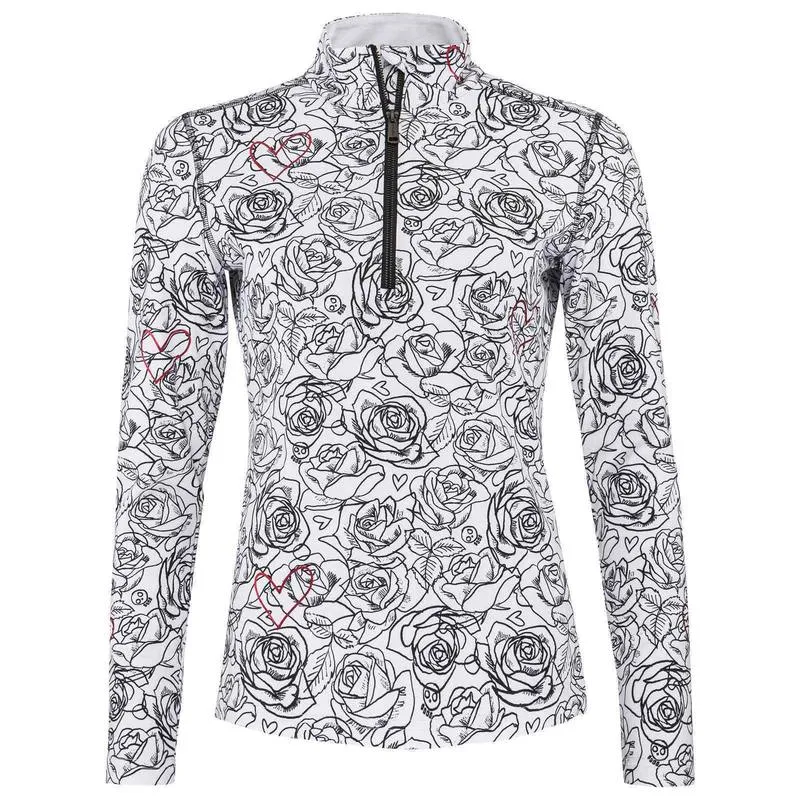 Top bianco a maniche lunghe con collo alto e zip corta nera, interamente decorato con un motivo di contorni di rose e foglie nere. In mezzo, piccoli contorni di cuori rossi e teschi con la scritta "BGBG".