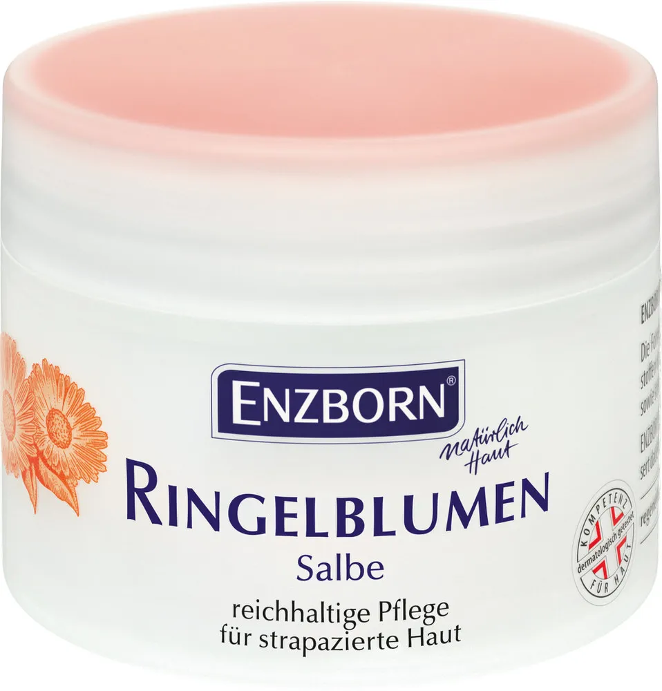 Barattolo bianco di unguento alla calendula di Enzborn con illustrazione della calendula.