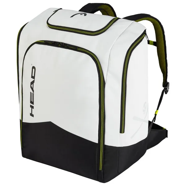 Weißer Head Rebels Racing Backpack 90L mit schwarzen Details und gelben Akzenten, von der Seite.