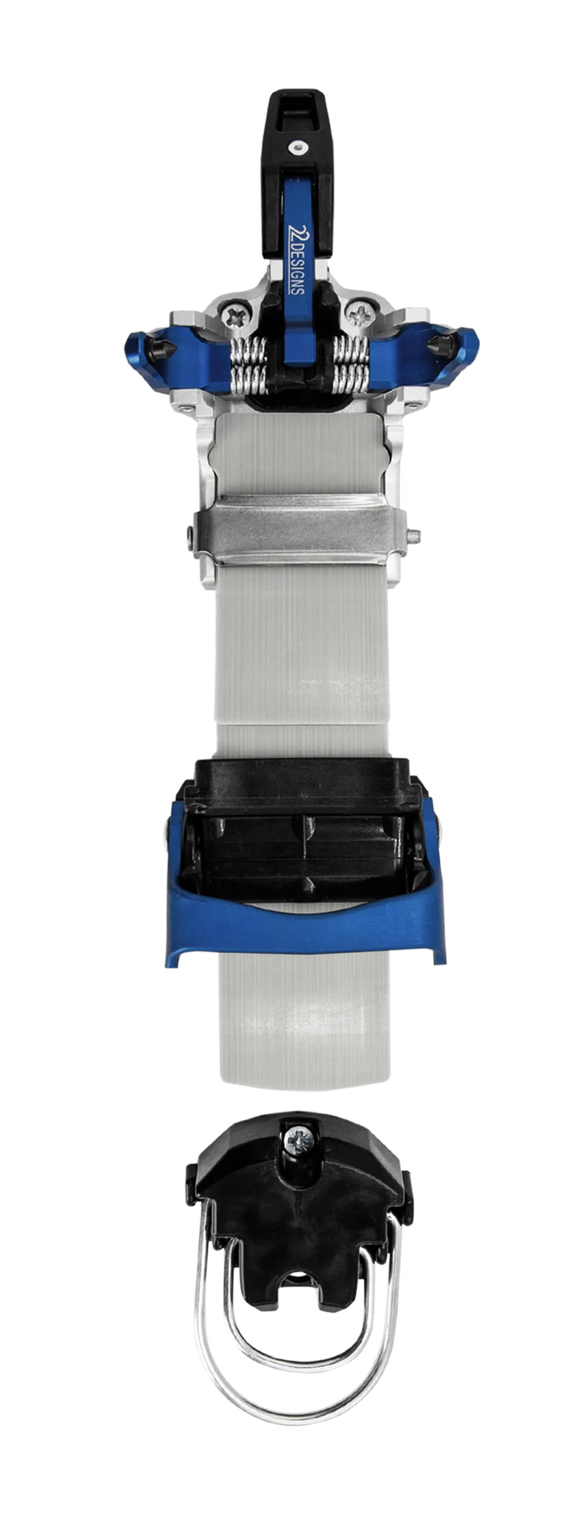 Vertikale Ansicht einer 22 Designs Telemark-Skibindung auf weißem Hintergrund. Blauer/silberner Zehenteil mit Federn und Schrauben, verbunden über hellgraues Mittelstück mit schwarzem Fersenmechanismus samt silbernem Bügel. Logo sichtbar.