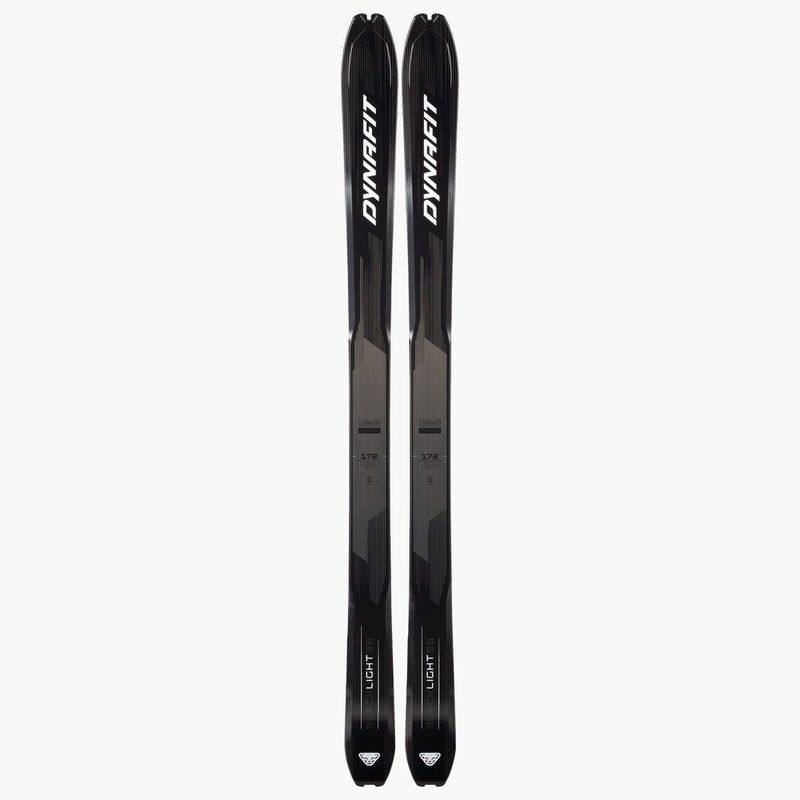 Zwei Dynafit Blacklight 95 Ski, von oben fotografiert, mit schwarzem und grauem Design.