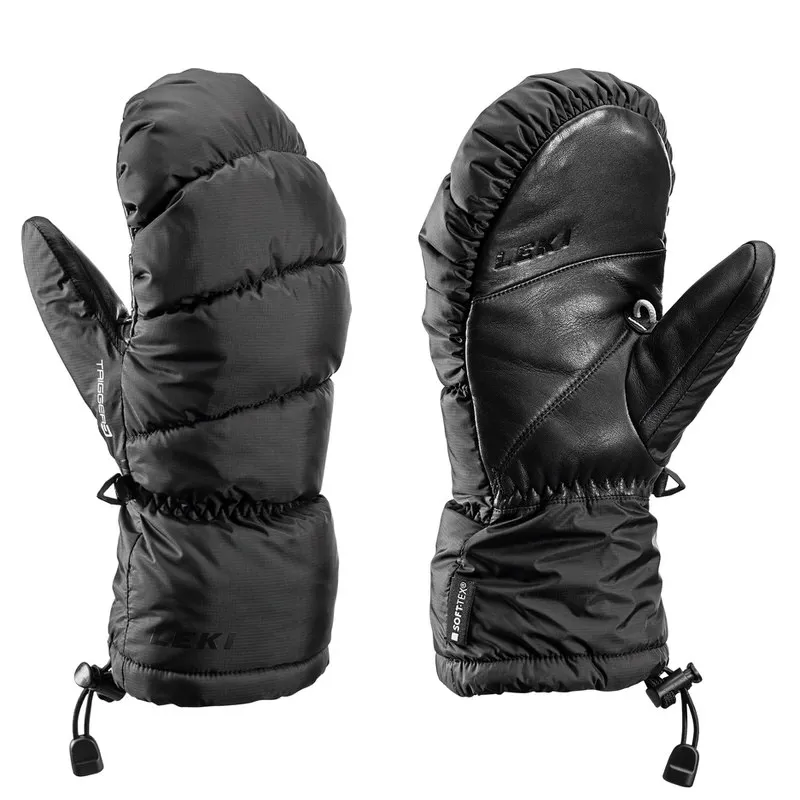 Two black Leki Glace 3D mittens, one showing the fabric side, the other the leather side.