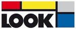 LOOK Logo Logo der Marke LOOK. Schwarze Schrift unter rot-gelb-grau-blauem Farbblock.