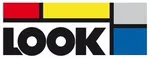 Logo of the LOOK brand. Black lettering under a red-yellow-grey-blue color block.