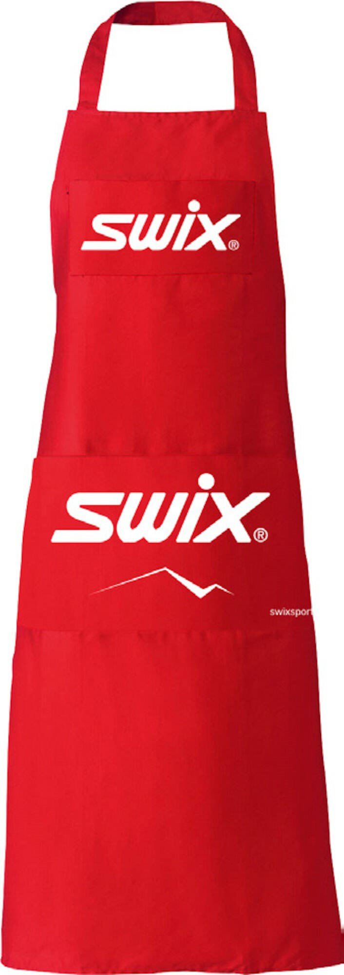 Rote SWIX Werkstattschürze mit dem SWIX Logo in weiß auf der Brust und im Bauchbereich.