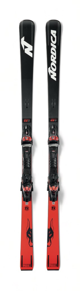 Schwarzer Nordica Dobermann SLR RB Ski mit roter Unterseite und montierter Bindung, Frontansicht.